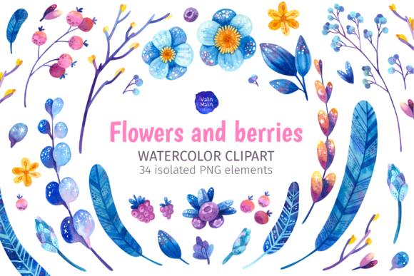 Blue Botanical Clipart with Boho Berry for Crafty Content Publishing