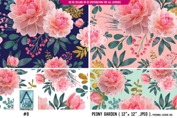 Floral Peony Seamless Pattern 4 in One for Branding & Marketing