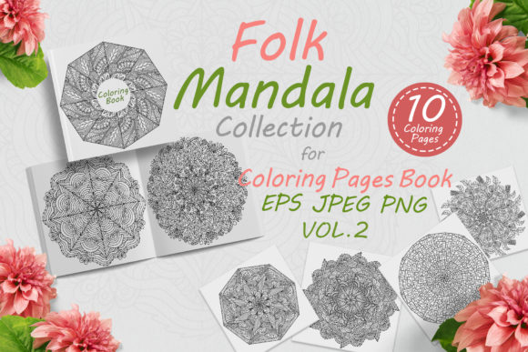 Mandalas with Folk Style Ornaments Vol-2 for Coloring Pages & Digital Selling